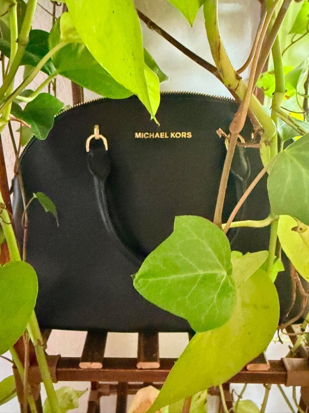 Michael Kors Emmy Lg Black Saffiano Leather Dome Satchel Crossbody Gold Hardware